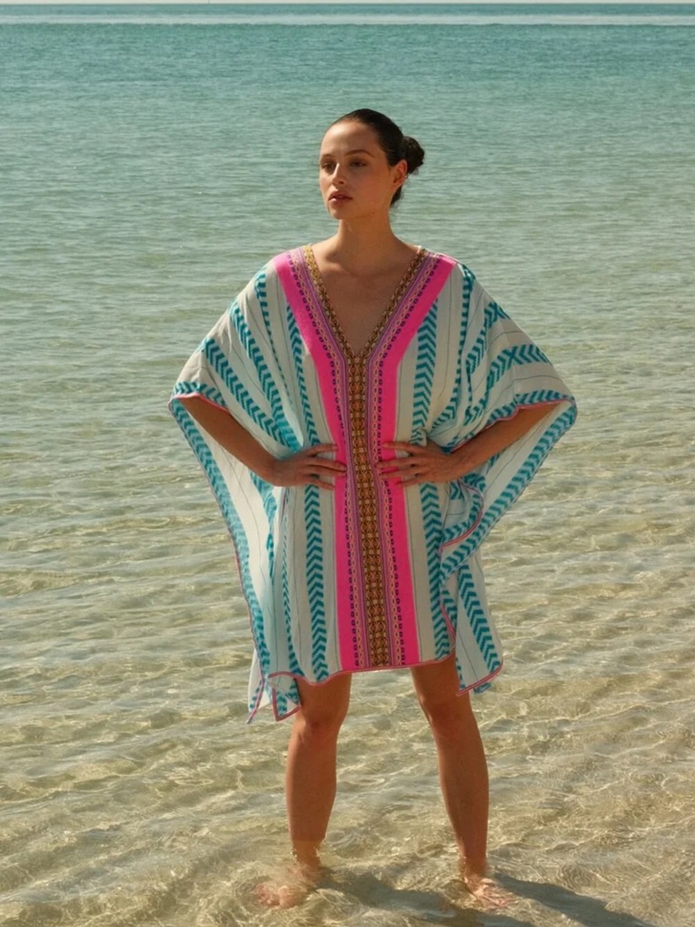NWT America & Beyond Embroidered V-Neck Beach Coverup in Pink & Teal